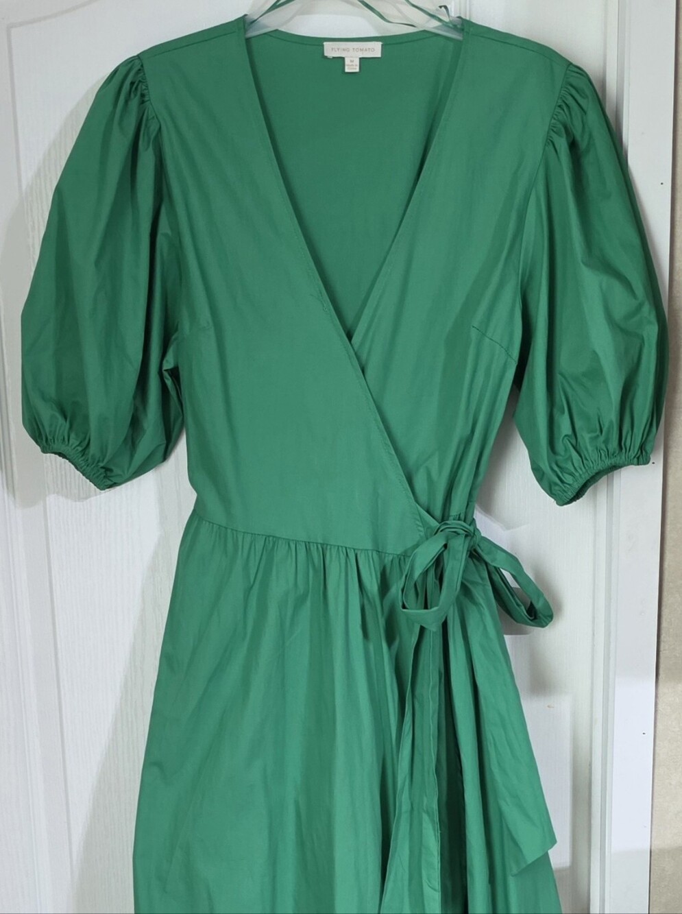 Flying Tomato Emerald Green Wrap Midi Dress with Puff Sleeves